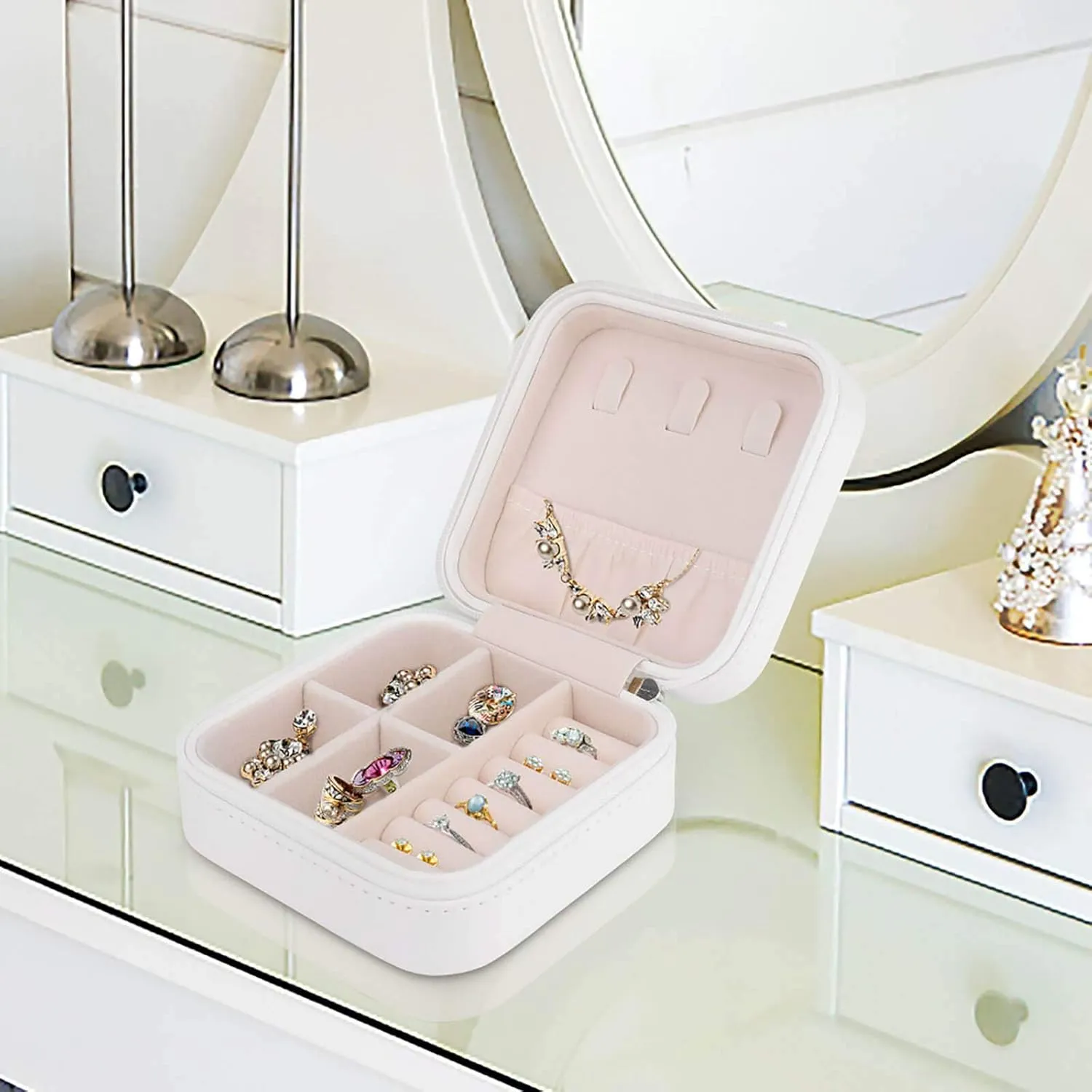 Jewelry Box, PU Small Portable Travel Case, Organizer Display Storage Holder Box for Rings, Earrings, Necklaces, Bracelets Enter As Strangers, Leave As Friends