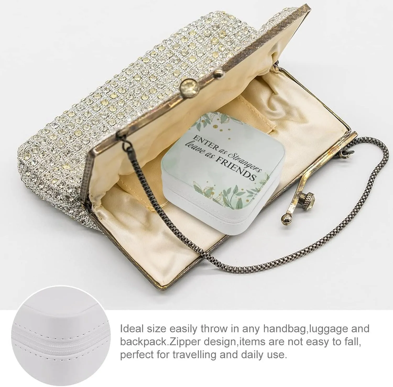 Jewelry Box, PU Small Portable Travel Case, Organizer Display Storage Holder Box for Rings, Earrings, Necklaces, Bracelets Enter As Strangers, Leave As Friends