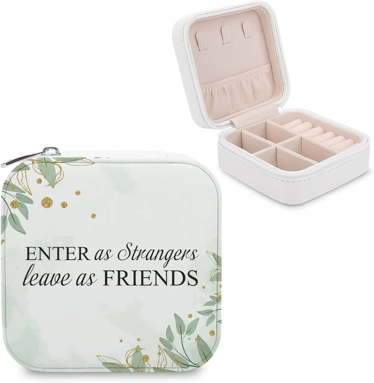 Jewelry Box, PU Small Portable Travel Case, Organizer Display Storage Holder Box for Rings, Earrings, Necklaces, Bracelets Enter As Strangers, Leave As Friends