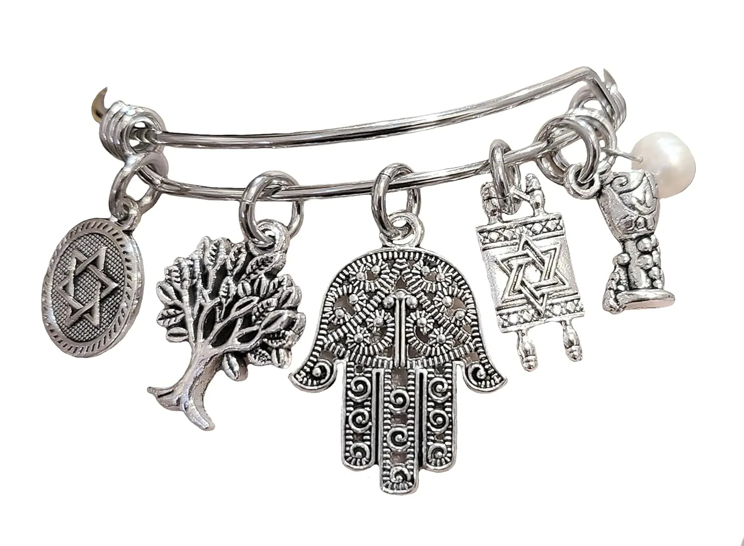 Jewish Pearl Handmade Bracelet on a Stainless Steel Expandable Bangle
