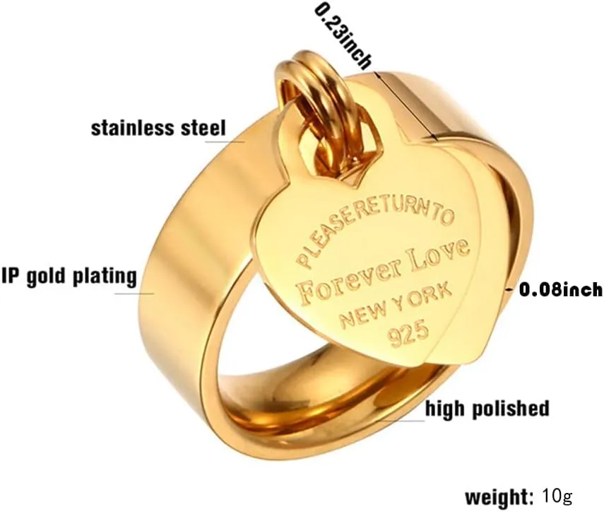 JINHUI Rings with Charms for Girlfriend, 6mm Heart Dangle Ring Graducation Gift 18k Gold Plated Ring Engraved Promise Ring Jewelry