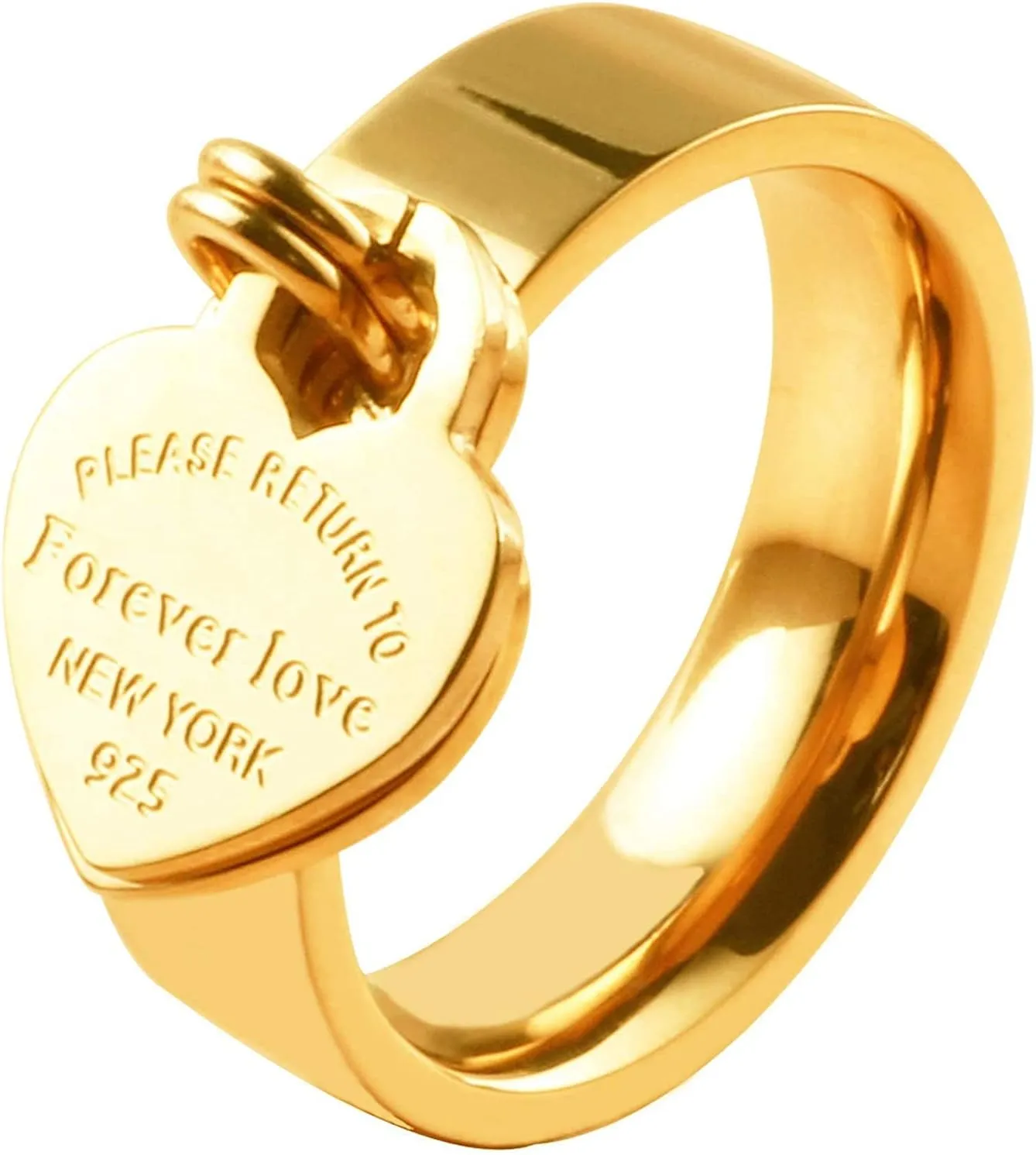 JINHUI Rings with Charms for Girlfriend, 6mm Heart Dangle Ring Graducation Gift 18k Gold Plated Ring Engraved Promise Ring Jewelry
