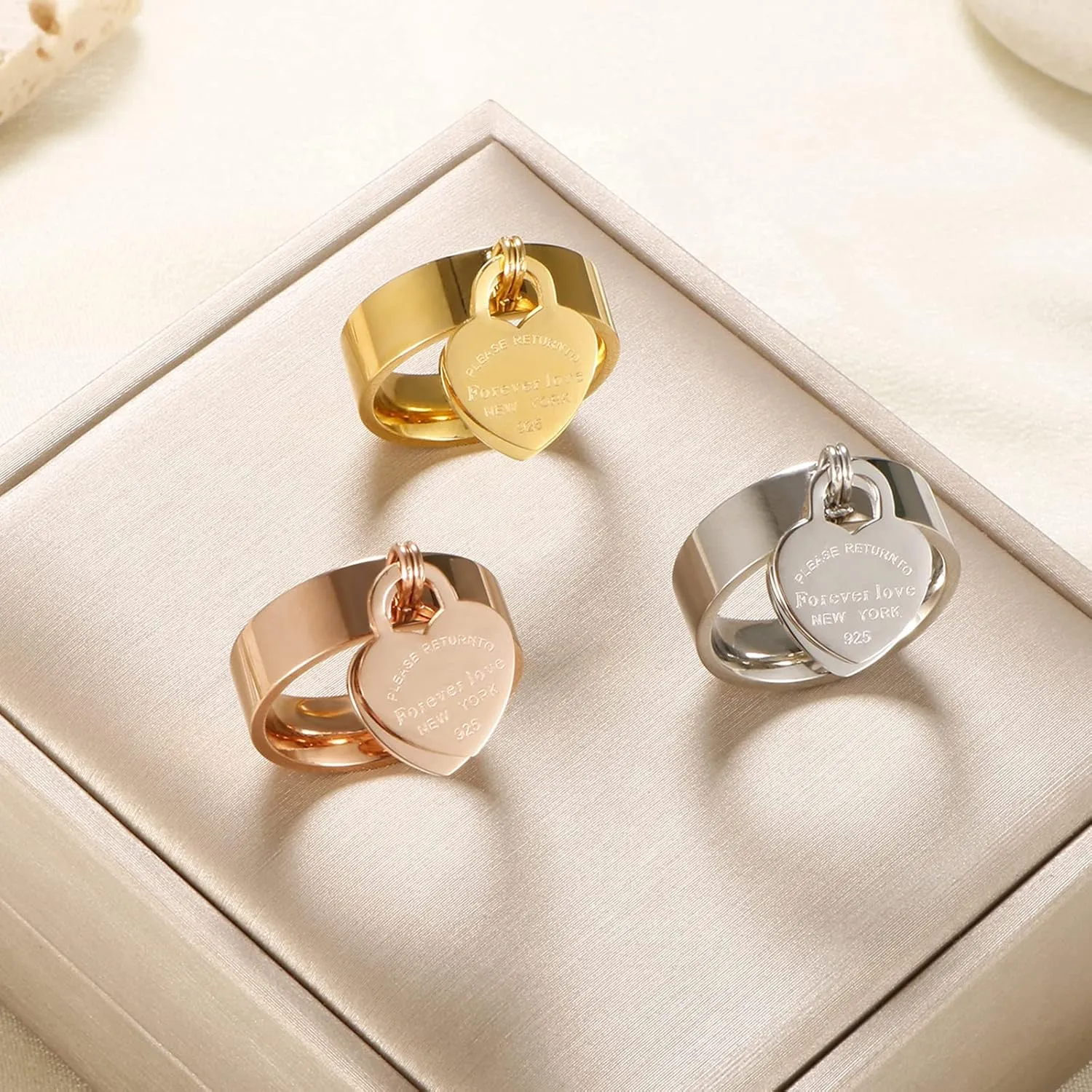 JINHUI Rings with Charms for Girlfriend, 6mm Heart Dangle Ring Graducation Gift 18k Gold Plated Ring Engraved Promise Ring Jewelry