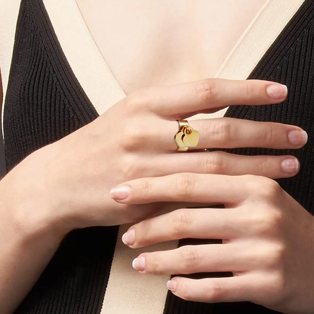 JINHUI Rings with Charms for Girlfriend, 6mm Heart Dangle Ring Graducation Gift 18k Gold Plated Ring Engraved Promise Ring Jewelry