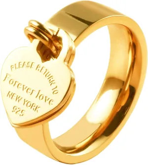 JINHUI Rings with Charms for Girlfriend, 6mm Heart Dangle Ring Graducation Gift 18k Gold Plated Ring Engraved Promise Ring Jewelry