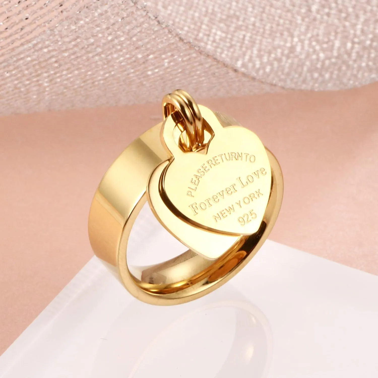 JINHUI Rings with Charms for Girlfriend, 6mm Heart Dangle Ring Graducation Gift 18k Gold Plated Ring Engraved Promise Ring Jewelry