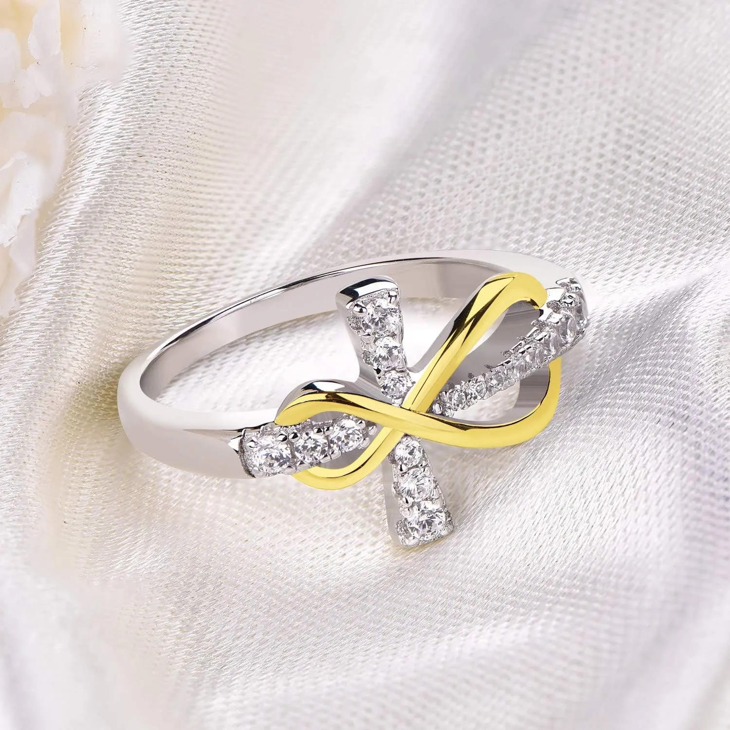 JO WISDOM 925 Sterling Silver Cubic Zirconia Cross Infinity Ring