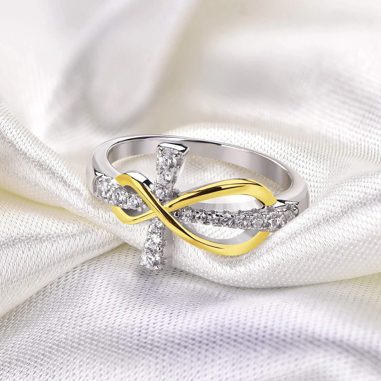 JO WISDOM 925 Sterling Silver Cubic Zirconia Cross Infinity Ring