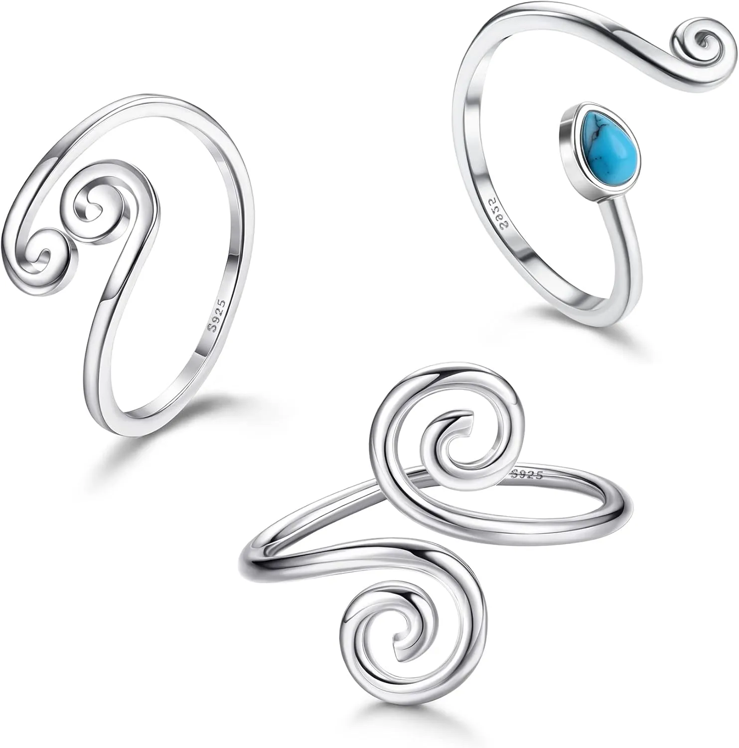 JOERICA 3 Pcs 925 Sterling Silver Toe Rings for Women Open Toe Rings Adjustable African Toe Rings Minimalistic Celtic Turquoise Band Toe Rings Foot Jewelry Set
