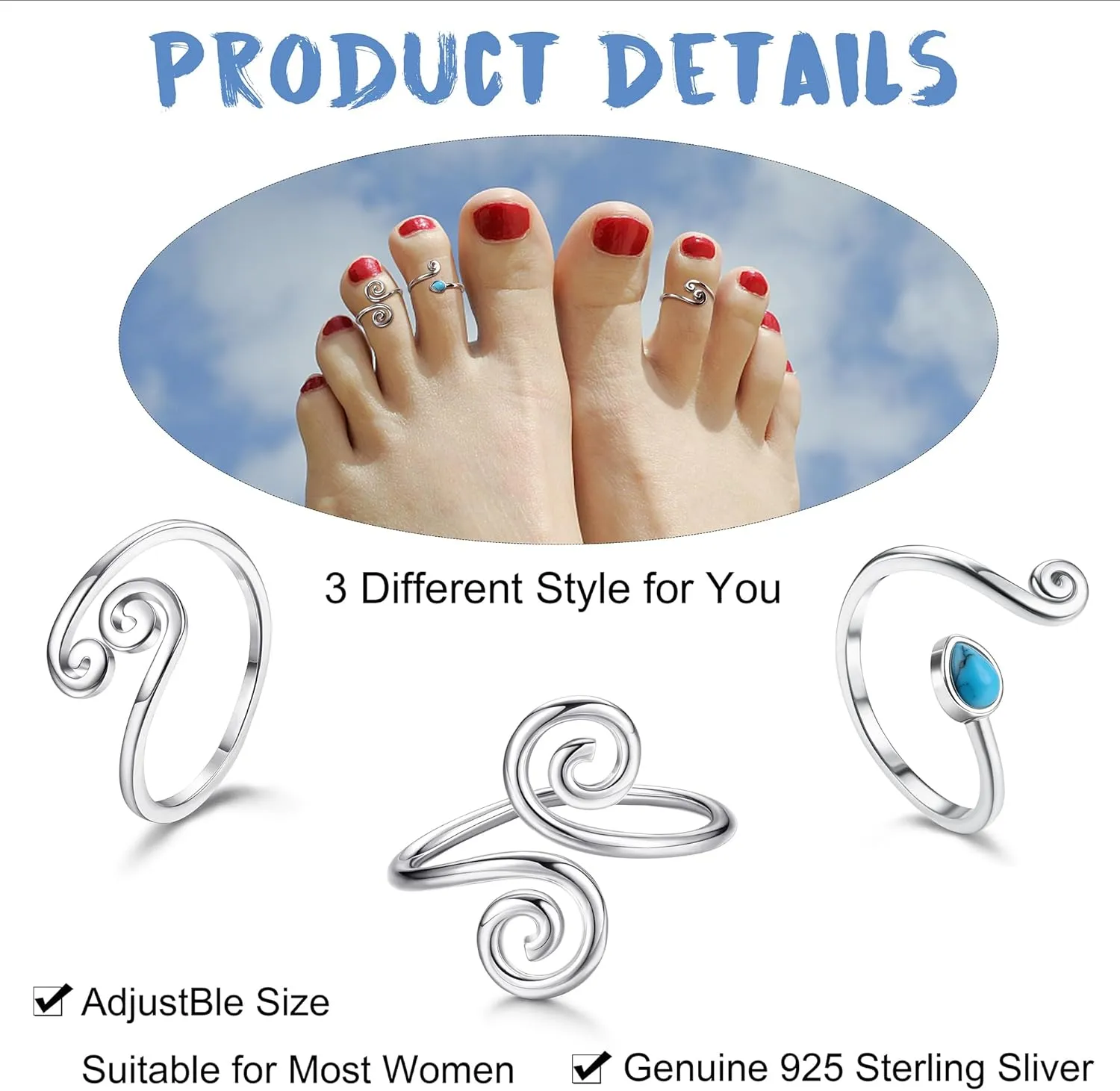 JOERICA 3 Pcs 925 Sterling Silver Toe Rings for Women Open Toe Rings Adjustable African Toe Rings Minimalistic Celtic Turquoise Band Toe Rings Foot Jewelry Set