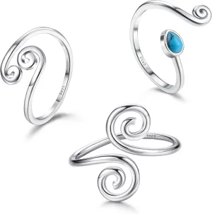JOERICA 3 Pcs 925 Sterling Silver Toe Rings for Women Open Toe Rings Adjustable African Toe Rings Minimalistic Celtic Turquoise Band Toe Rings Foot Jewelry Set