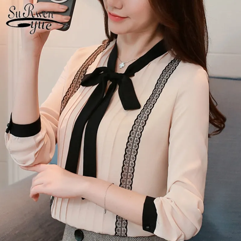 Joskaa 2024 chiffon long sleeve blouse shirts sweet lace patchwork women clothing bow tie fashion female tops shirt blusas 0473 30