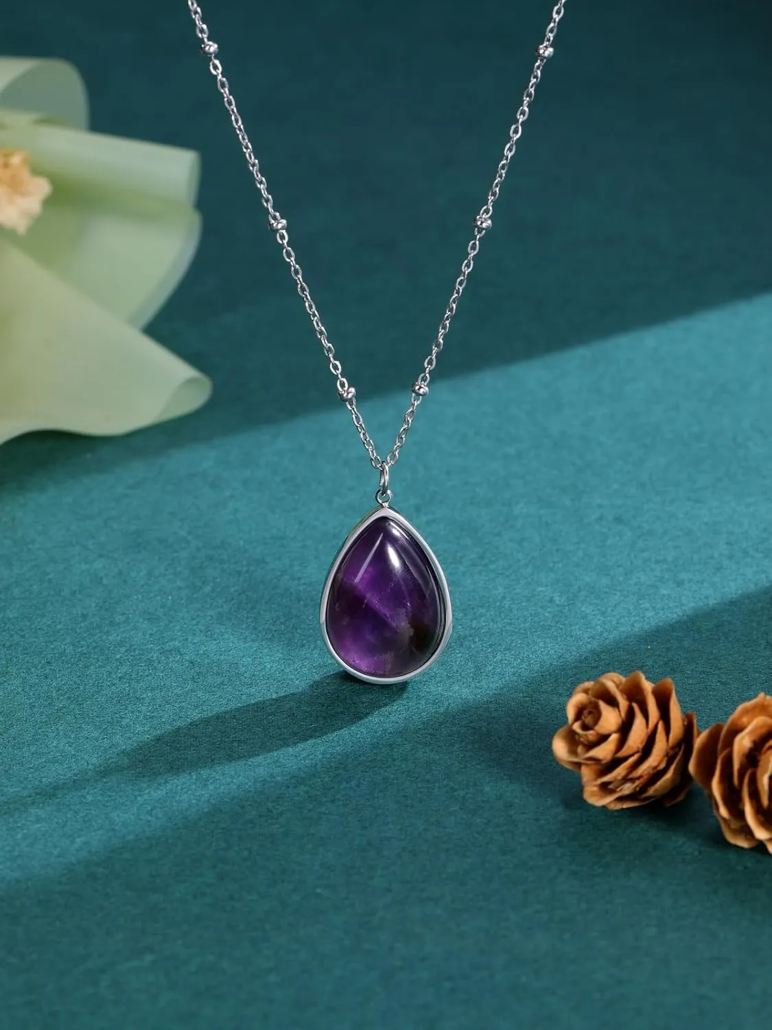 Jovivi Amethyst Crystal Necklace for Women Men Teardrop Natural Healing Crystals Stone Pendant Necklace February Birthstone Gemstone Jewelry