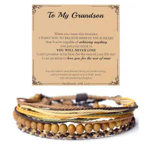 JSJOY Bead Bracelets Natural Stone Beads Bracelets for Men Boys Healing Crystal Bracelet Set Wood Grain Handmade Bracelets Grandson Gifts Best Gifts for Men