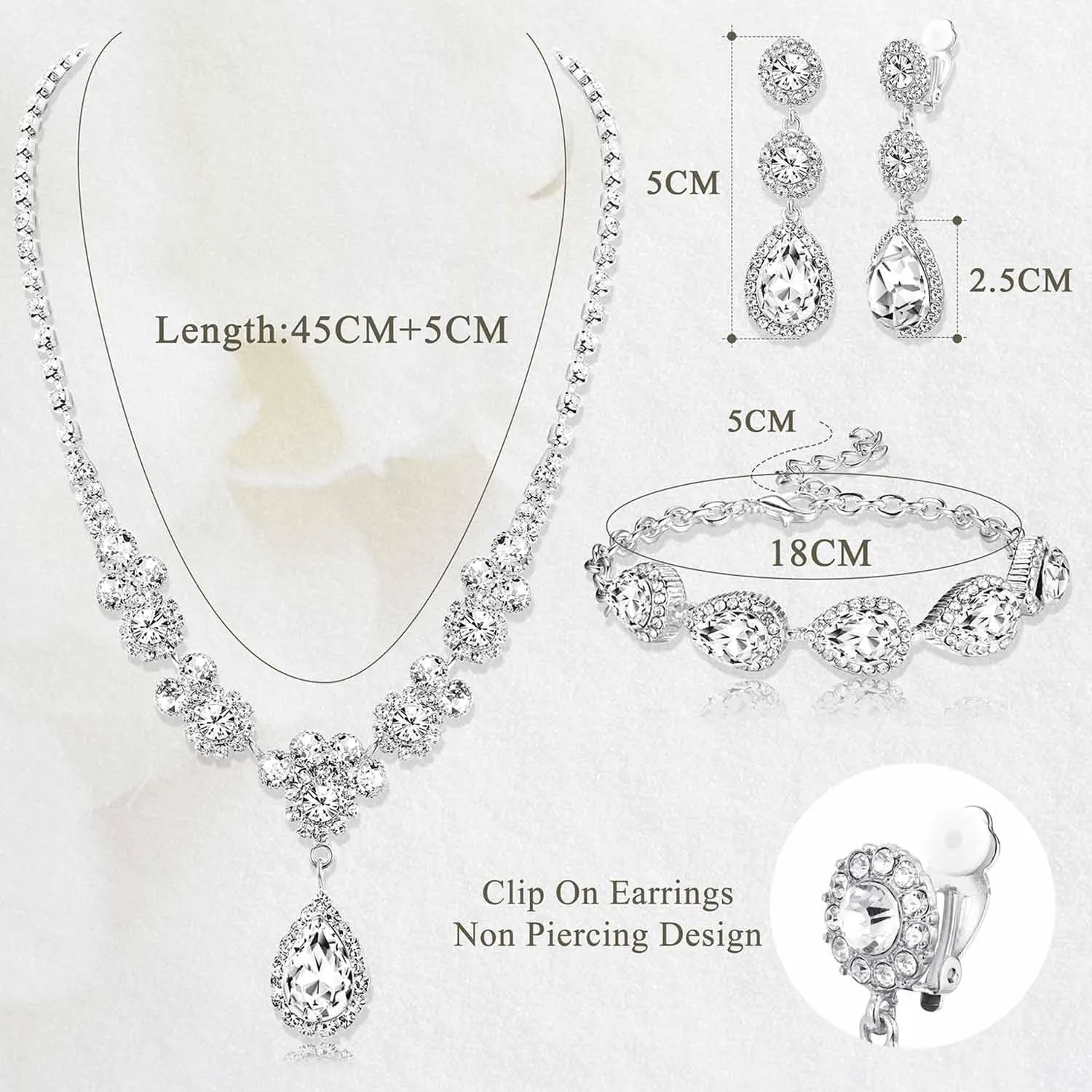 Jstyle Rhinestone Bridal Jewelry Set Necklace Bracelet Clip On Earrings for Brides Bridesmaid Cluster Crystal Teardrop Pendants Jewelry Set for Wedding Prom