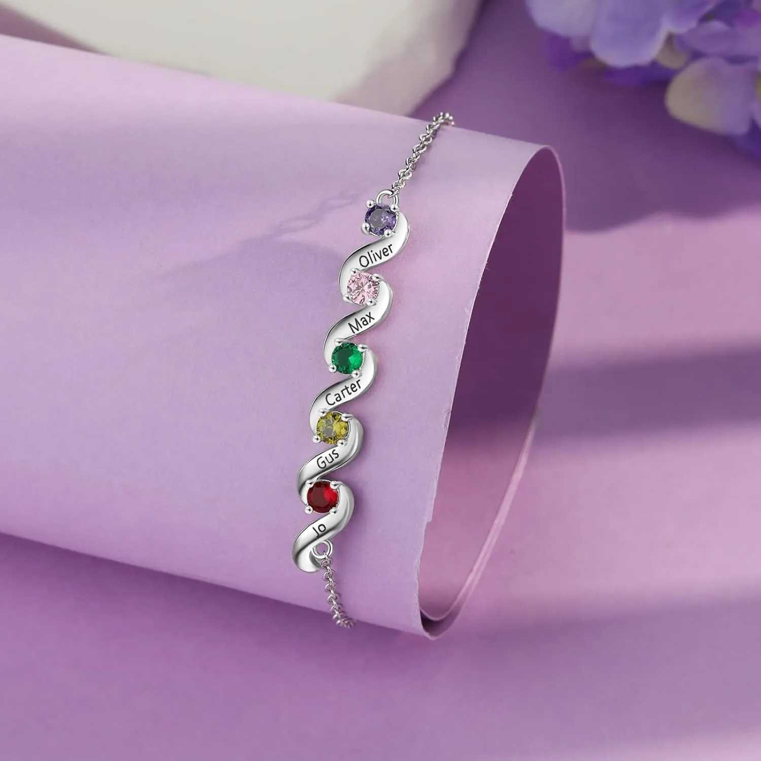 kaululu Gifts for Women Personalized Birthstone Bracelets for Mom Custom Name Bracelet for Women with 2/3/4/5 Names Gifts for Mom Wife Grandma Christmas Gift for Women Mother's Day Gift