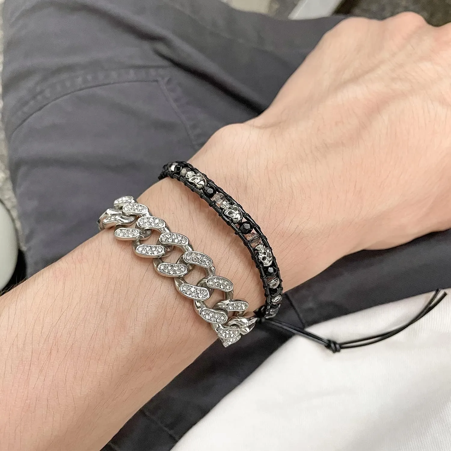 KELITCH 925 Silver Skull Bracelets Wrap Bracelets Women Crystal Beaded Bracelets on Natural Leather