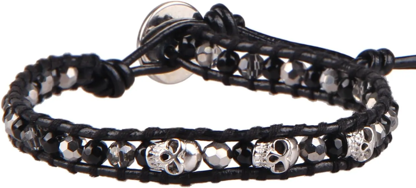 KELITCH 925 Silver Skull Bracelets Wrap Bracelets Women Crystal Beaded Bracelets on Natural Leather