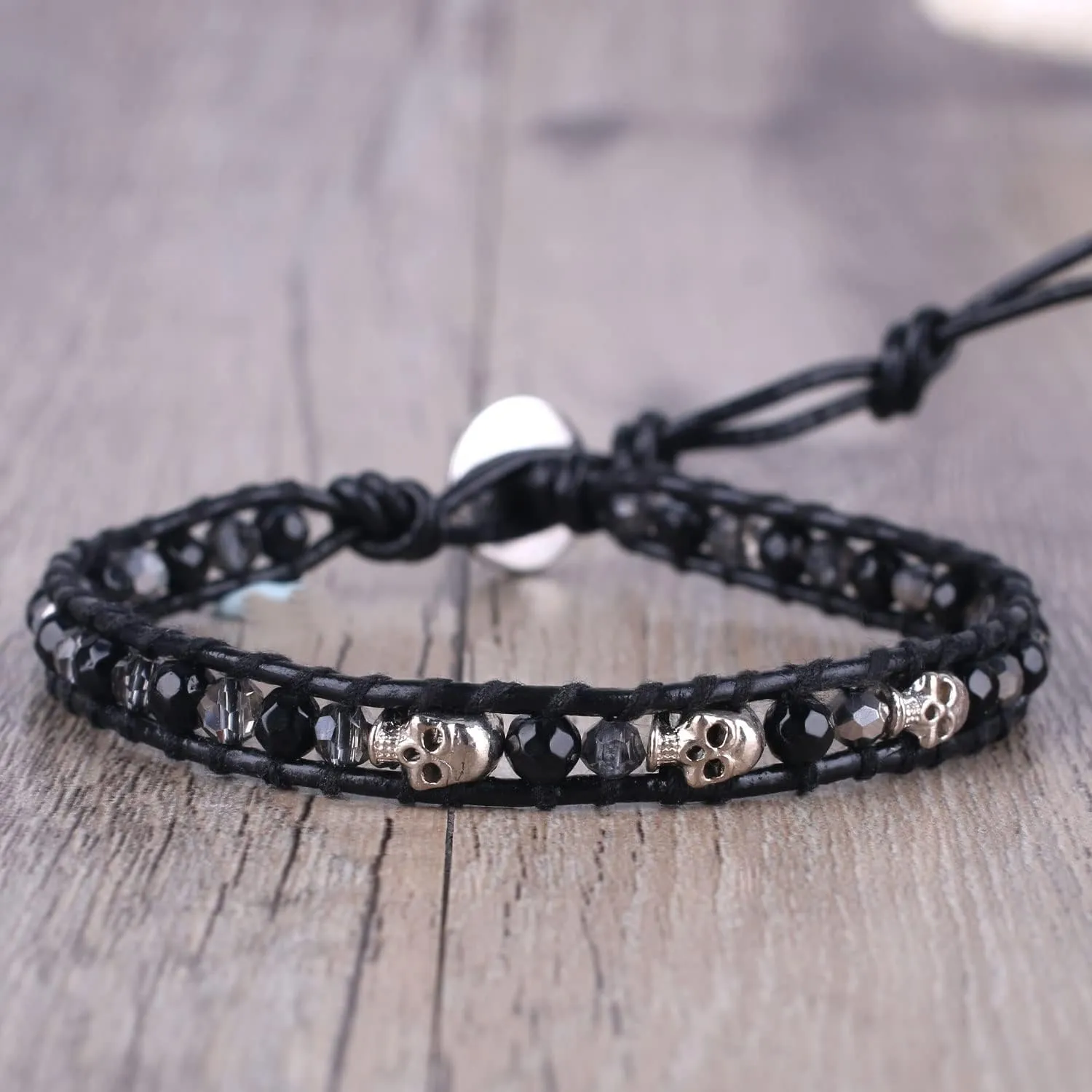 KELITCH 925 Silver Skull Bracelets Wrap Bracelets Women Crystal Beaded Bracelets on Natural Leather