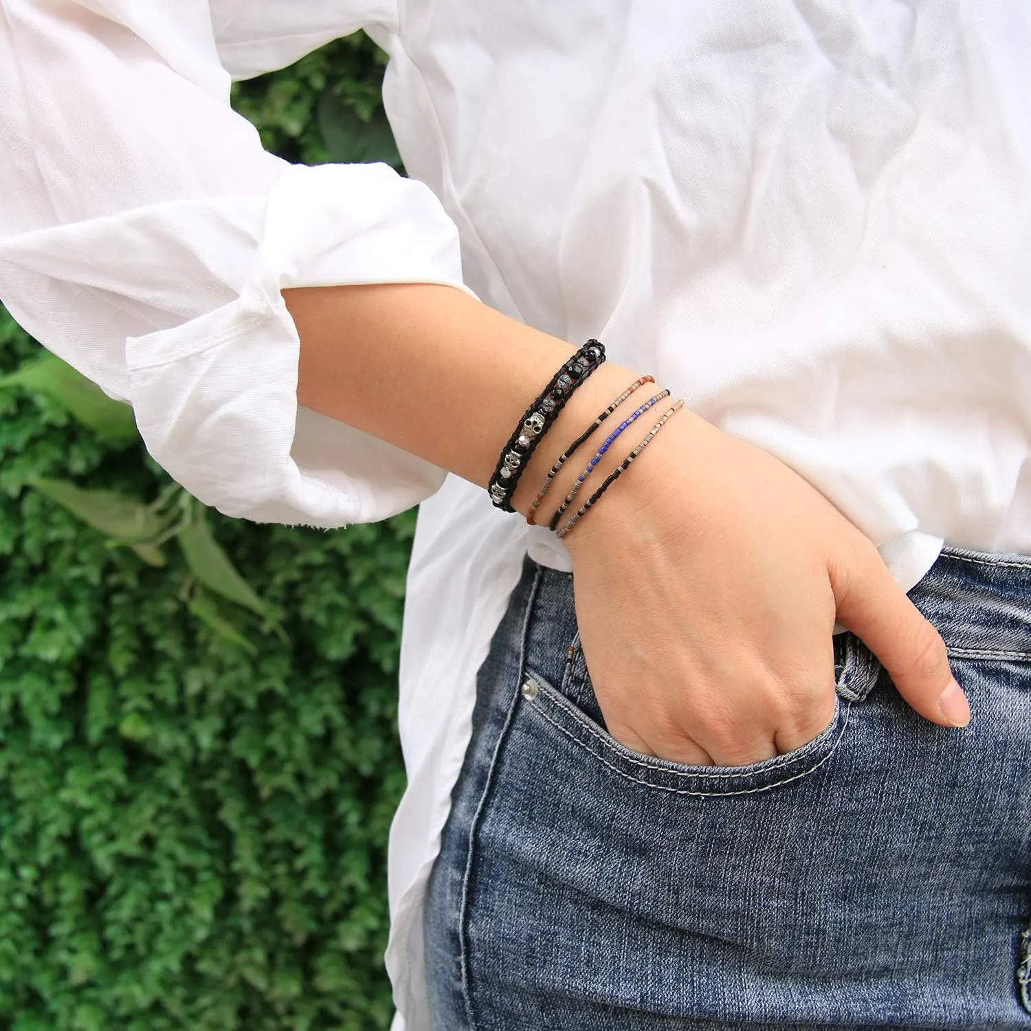 KELITCH 925 Silver Skull Bracelets Wrap Bracelets Women Crystal Beaded Bracelets on Natural Leather
