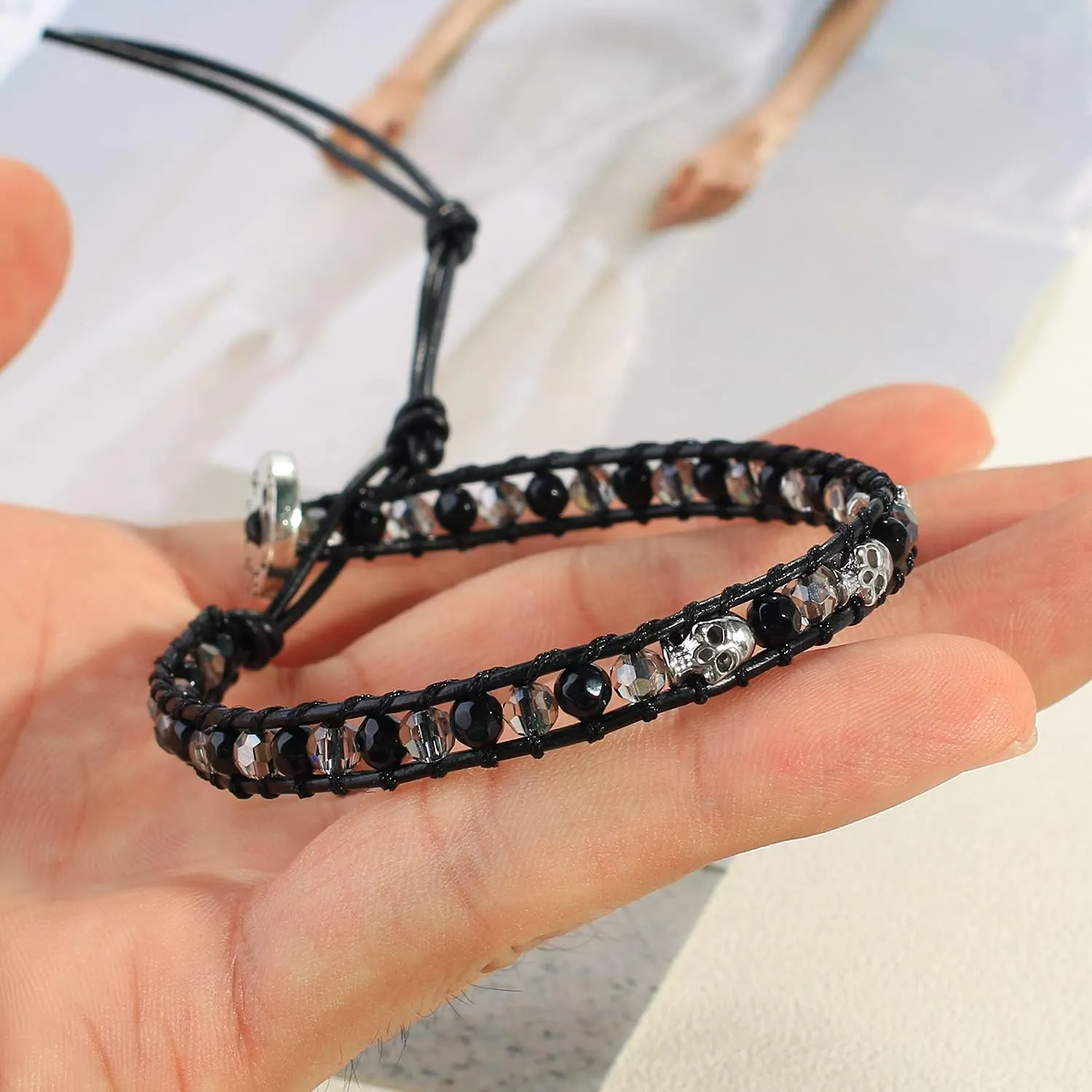 KELITCH 925 Silver Skull Bracelets Wrap Bracelets Women Crystal Beaded Bracelets on Natural Leather