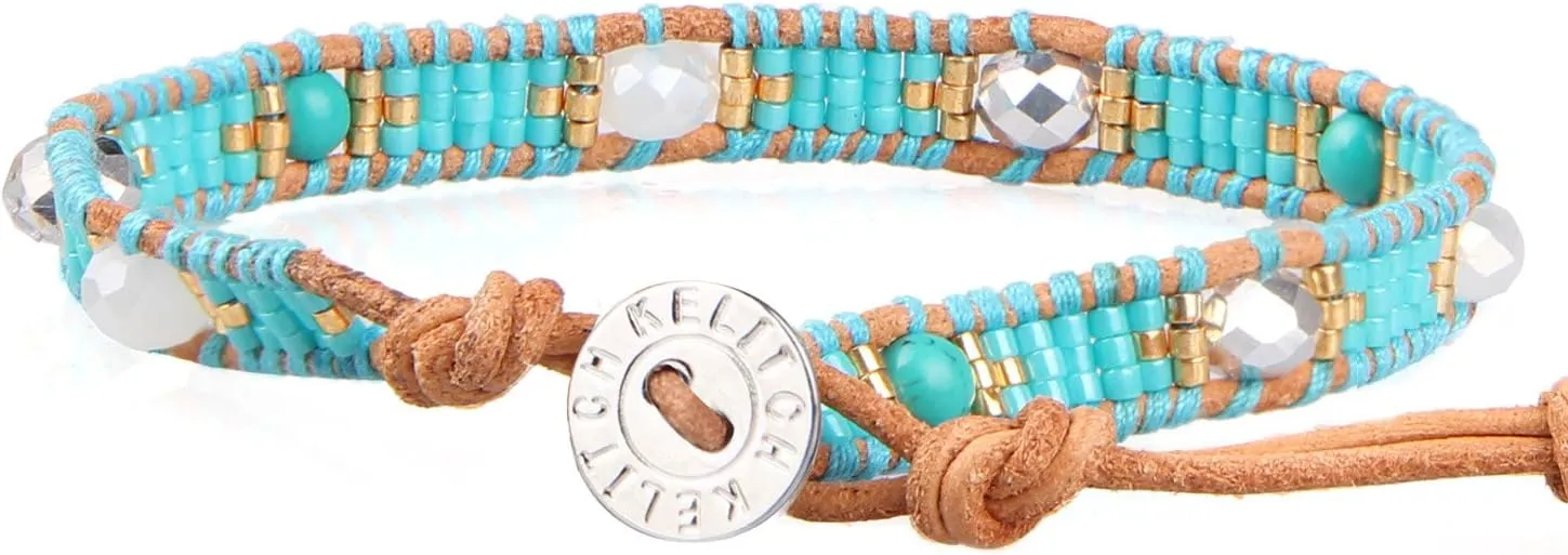 KELITCH Boho Seed Beaded Bracelets Gray Leather Wrap Bracelet Women Handmade Bangle Bracelets
