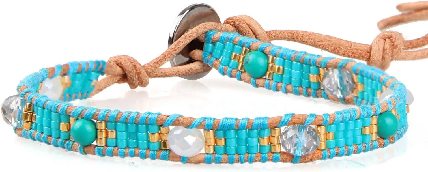 KELITCH Boho Seed Beaded Bracelets Gray Leather Wrap Bracelet Women Handmade Bangle Bracelets