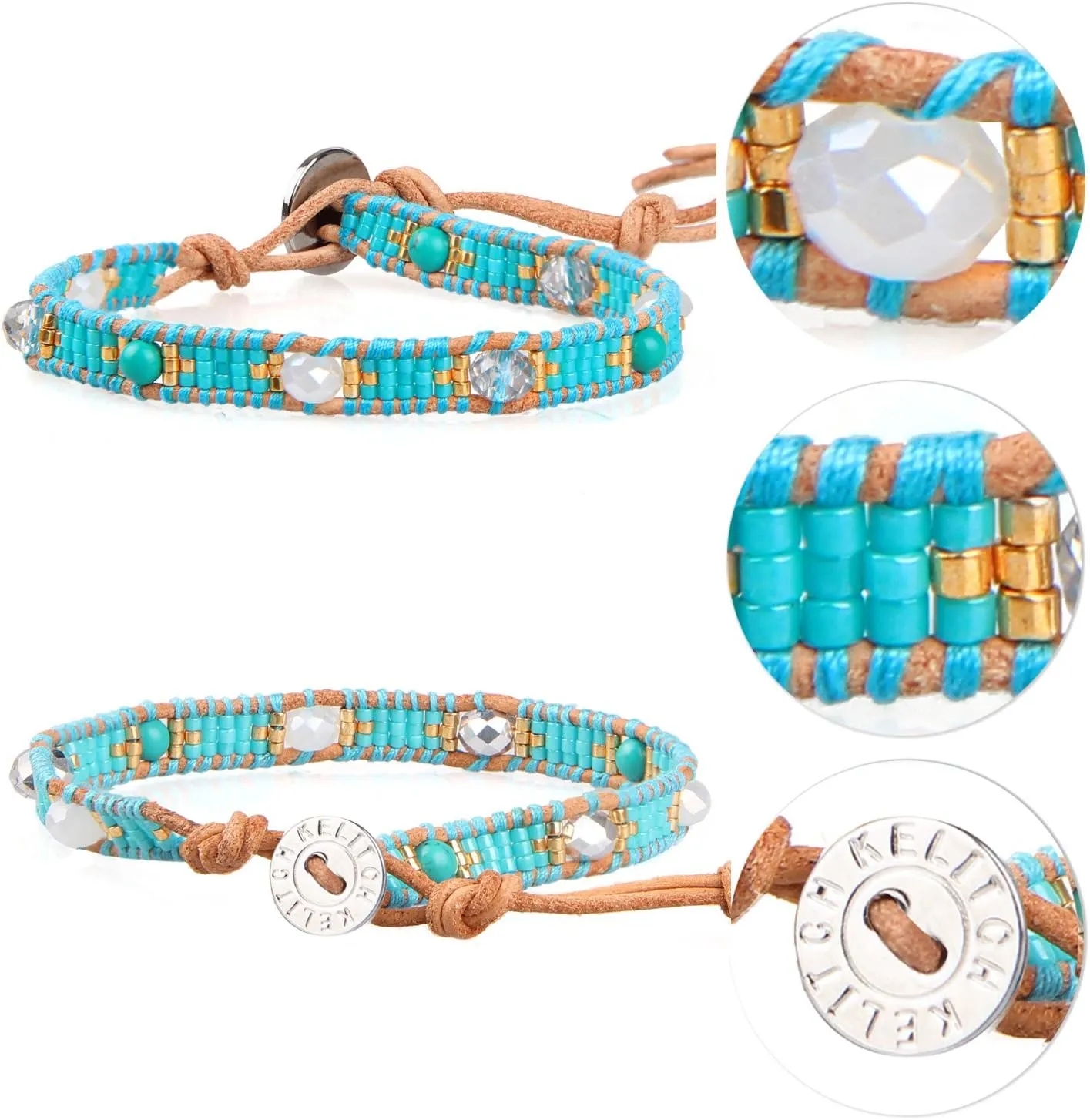KELITCH Boho Seed Beaded Bracelets Gray Leather Wrap Bracelet Women Handmade Bangle Bracelets