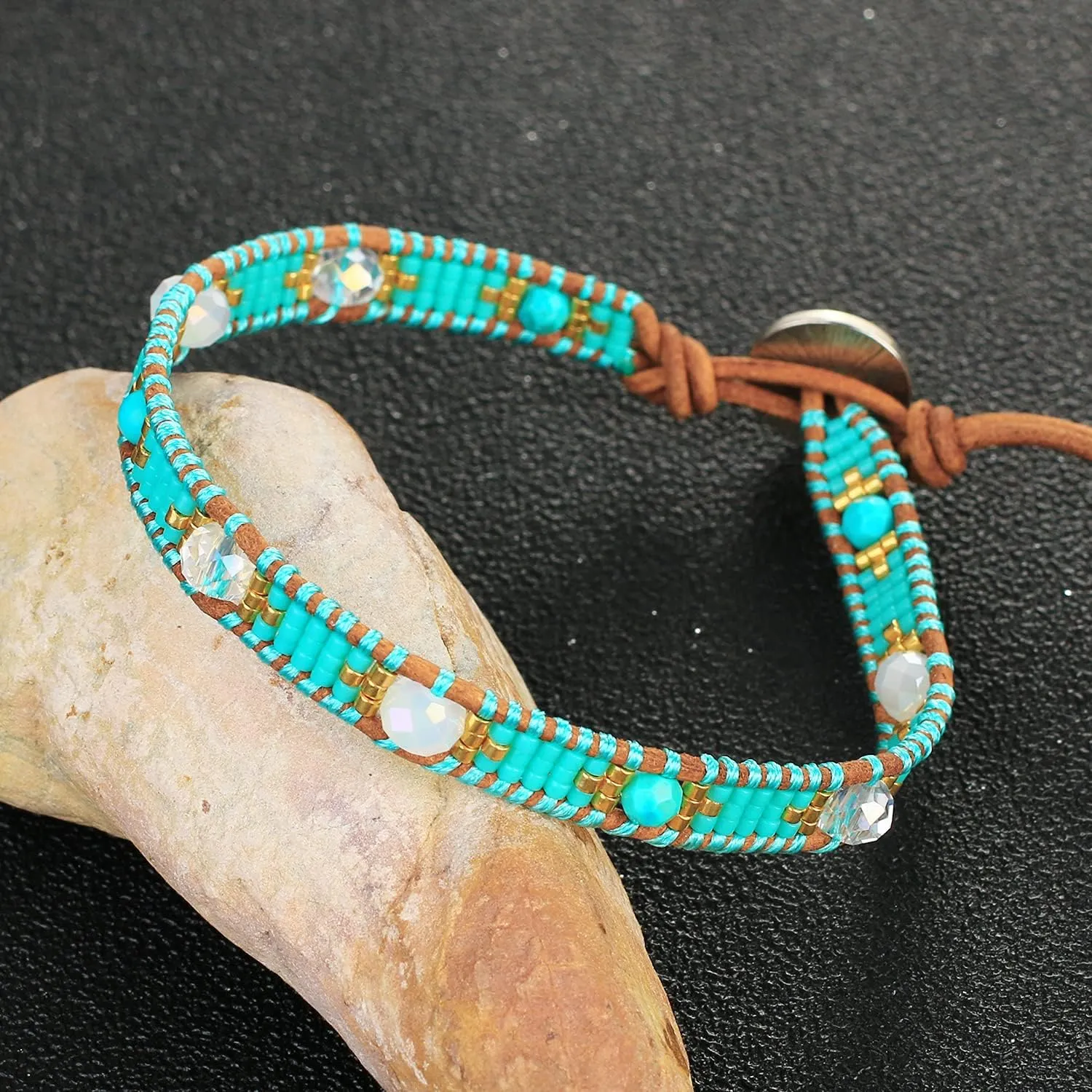 KELITCH Boho Seed Beaded Bracelets Gray Leather Wrap Bracelet Women Handmade Bangle Bracelets
