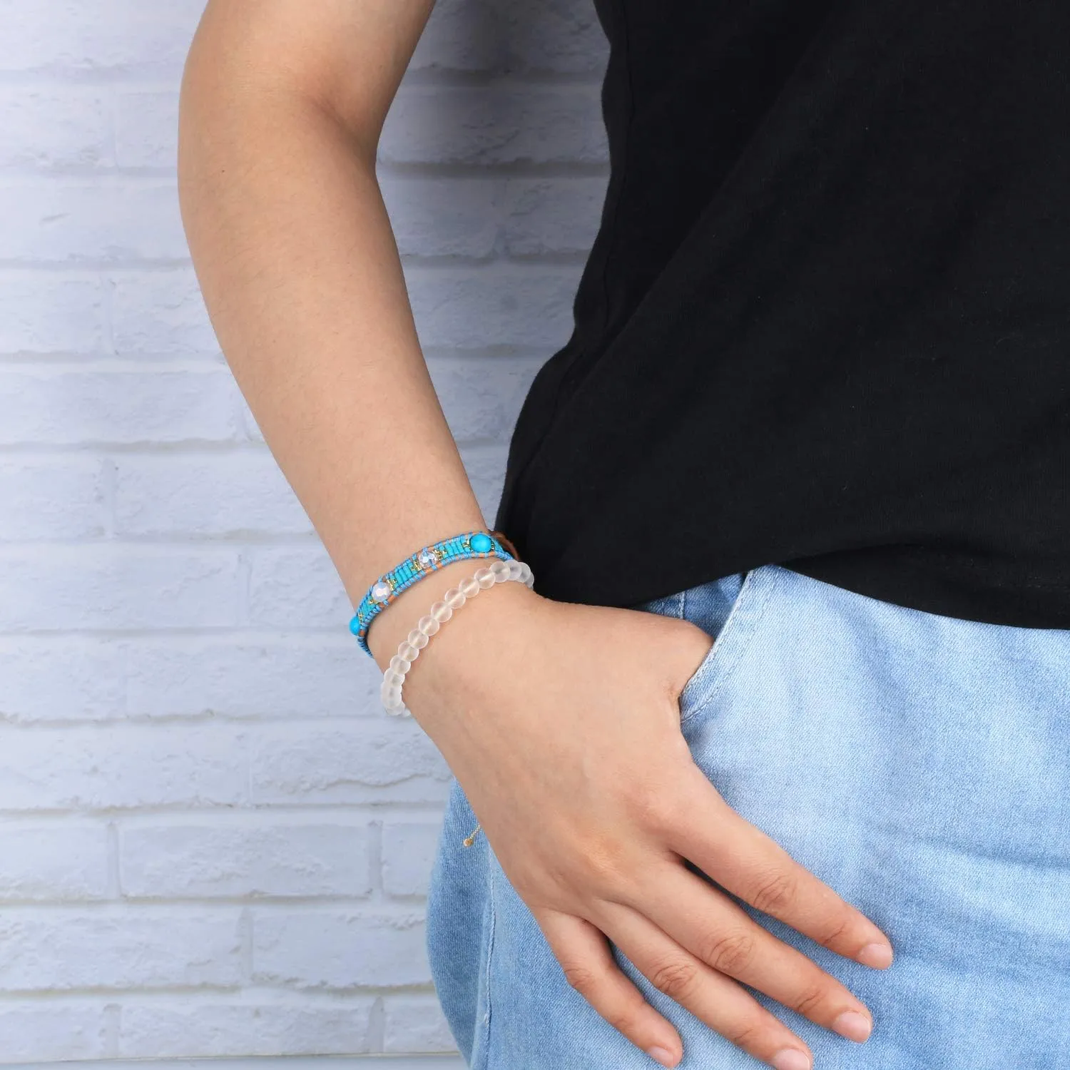 KELITCH Boho Seed Beaded Bracelets Gray Leather Wrap Bracelet Women Handmade Bangle Bracelets