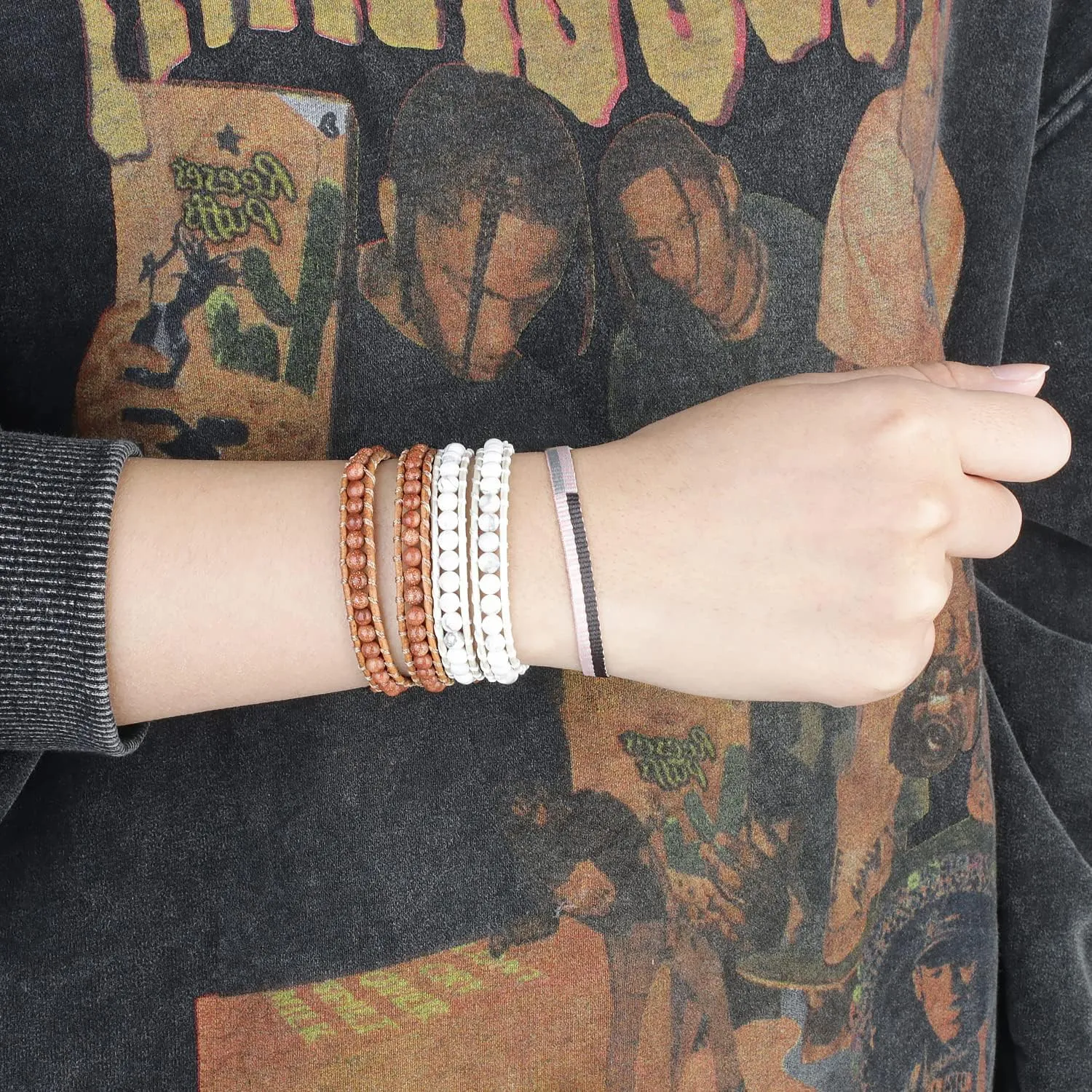 KELITCH Double Wrap Bracelet Women Hand-Braided Turquoise Beads Bracelets Boho Leather Bracelets Bangle