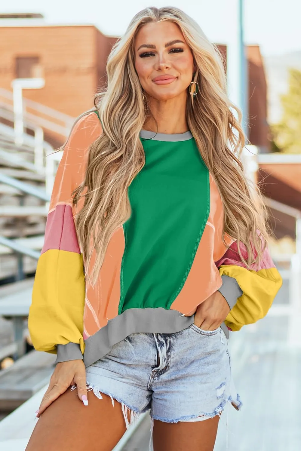 KevaMolly Womens Long Sleeve Tops Colorblock Patchwork Exposed Stitching Oversize Top Round Neck Casual Pullover