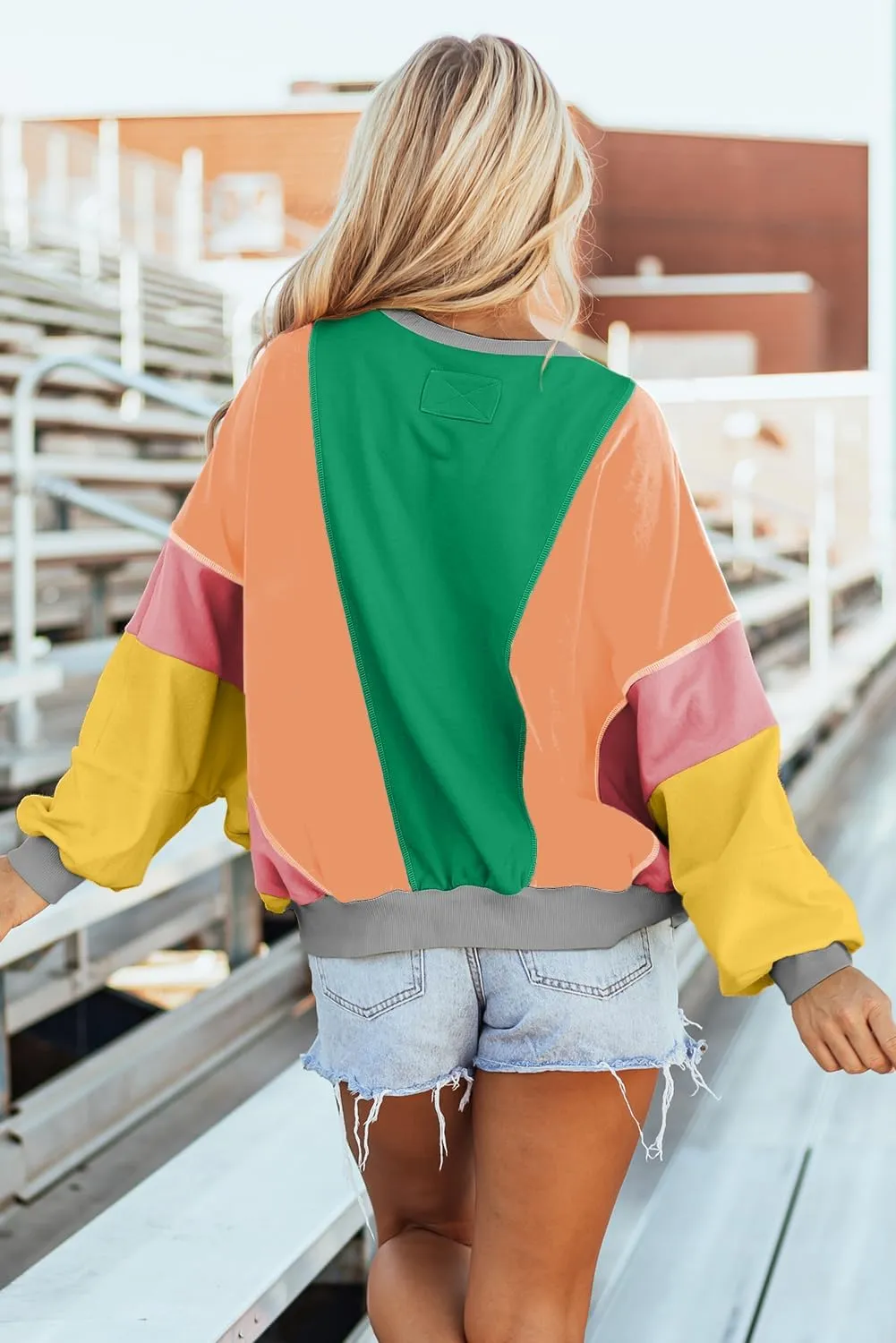 KevaMolly Womens Long Sleeve Tops Colorblock Patchwork Exposed Stitching Oversize Top Round Neck Casual Pullover