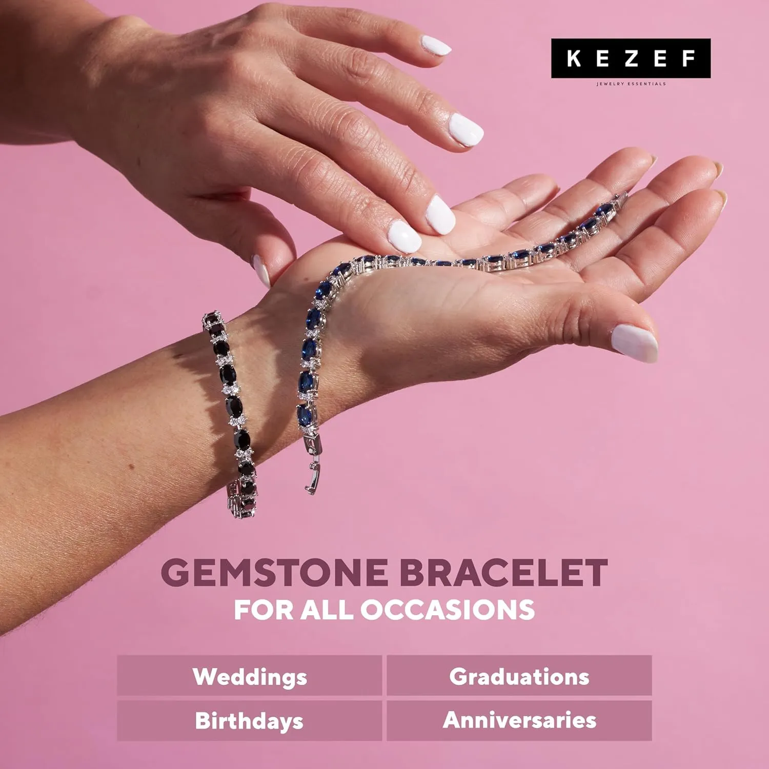 KEZEF Tennis Bracelets For Women - Cubic Zirconia - Oval 7x5mm Gemstones - Round 2.50mm White CZ - Silver Plated Brass - 7 Inch - Multiple Colors Hypoallergenic Bracelets