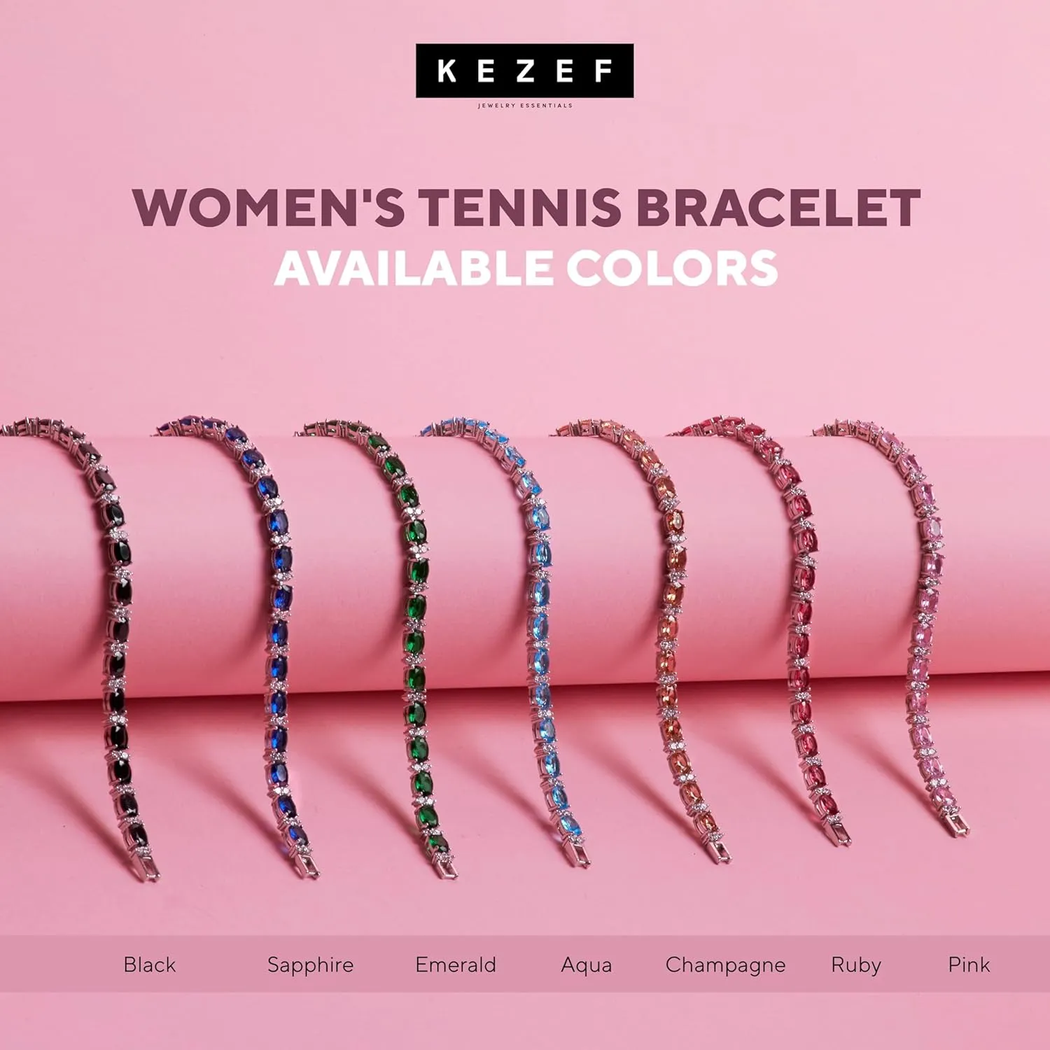 KEZEF Tennis Bracelets For Women - Cubic Zirconia - Oval 7x5mm Gemstones - Round 2.50mm White CZ - Silver Plated Brass - 7 Inch - Multiple Colors Hypoallergenic Bracelets