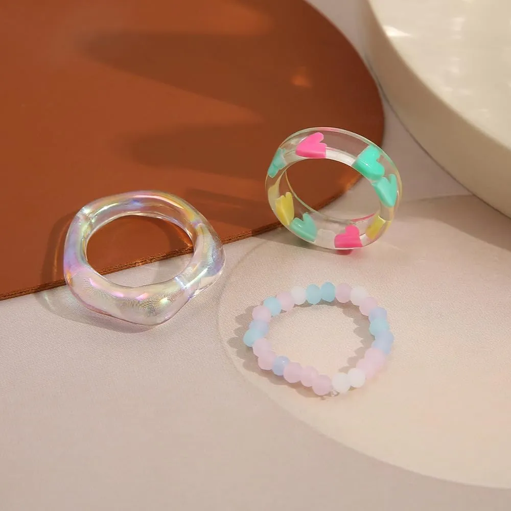 Knuckle Pearl Rings Set for Women iridescent Resin Wave Rings Pearl Beaded Rings Stackable Plastic Rings Frosted Glass Beads Ring Cute Acrylic Rings Jewelry 3 Pcs