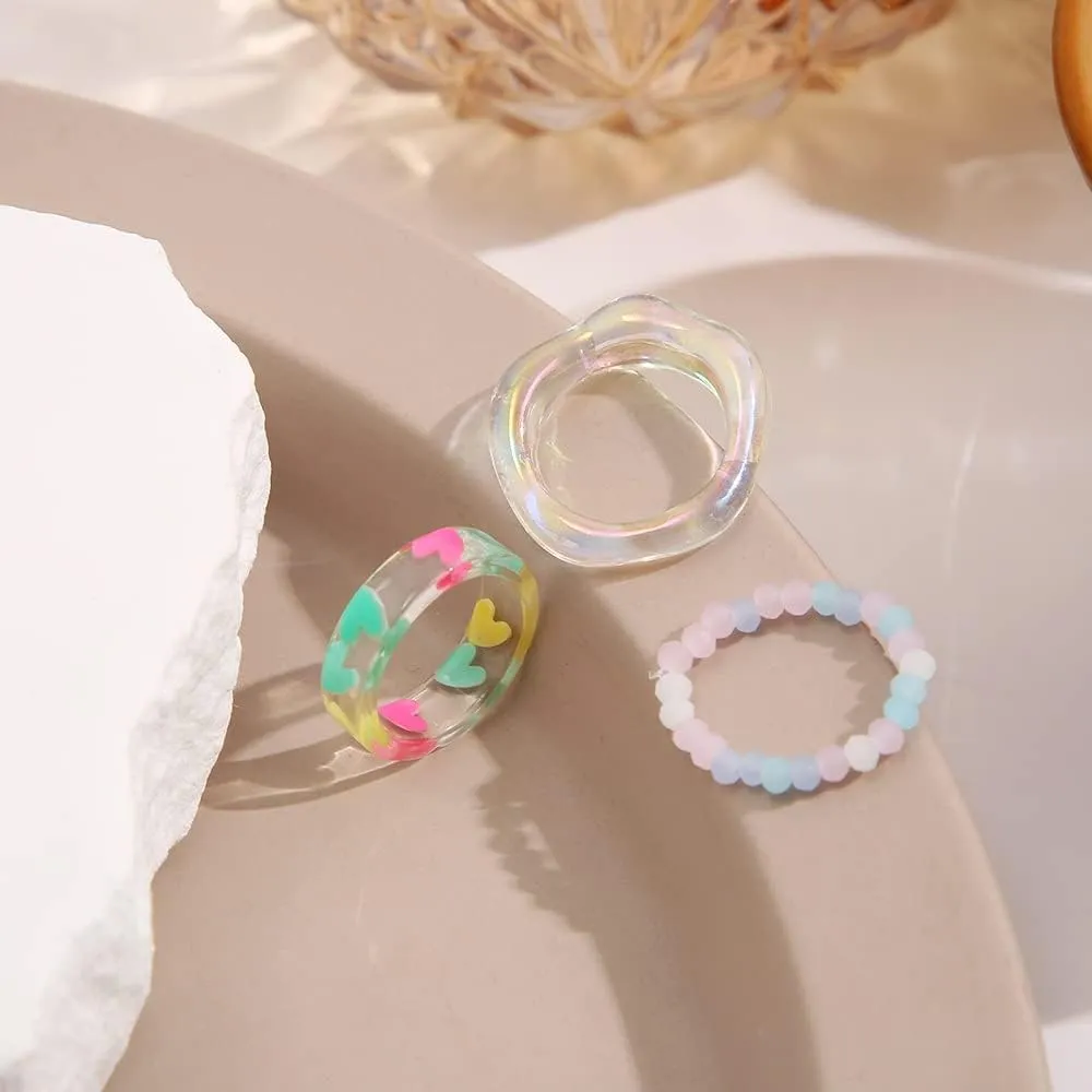 Knuckle Pearl Rings Set for Women iridescent Resin Wave Rings Pearl Beaded Rings Stackable Plastic Rings Frosted Glass Beads Ring Cute Acrylic Rings Jewelry 3 Pcs