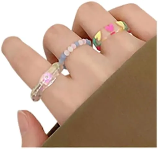 Knuckle Pearl Rings Set for Women iridescent Resin Wave Rings Pearl Beaded Rings Stackable Plastic Rings Frosted Glass Beads Ring Cute Acrylic Rings Jewelry 3 Pcs