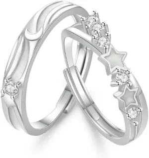 Kokoma Delicate Star Crescent Matching Ring for Him and Her Rhinestone Luminous Glow Moon Star Wedding Band Eternity Promise Couples Ring Set Jewelry
