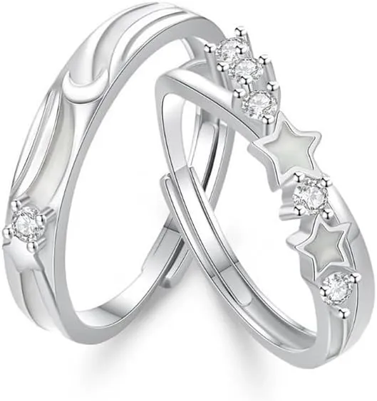 Kokoma Delicate Star Crescent Matching Ring for Him and Her Rhinestone Luminous Glow Moon Star Wedding Band Eternity Promise Couples Ring Set Jewelry