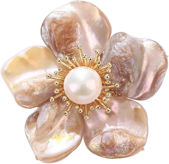 Kokoma Shell Flower Brooch Pin for Women Boho Pearl Floral Badge Corsage Lapel Pins Scarf Clip Wedding Party Dance Banquet Dress for Clothes Accessories Jewelry