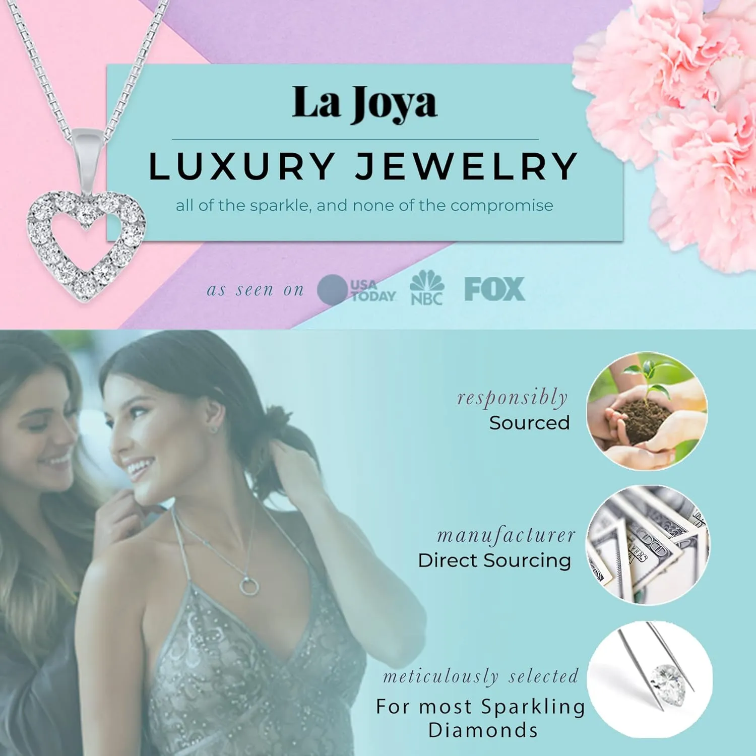 La Joya Adorable Lab Grown Diamond Heart Necklaces for Women| Accompanied By An Adjustable Silver Chain | Dainty 925 Sterling Silver Diamond Necklace For Women
