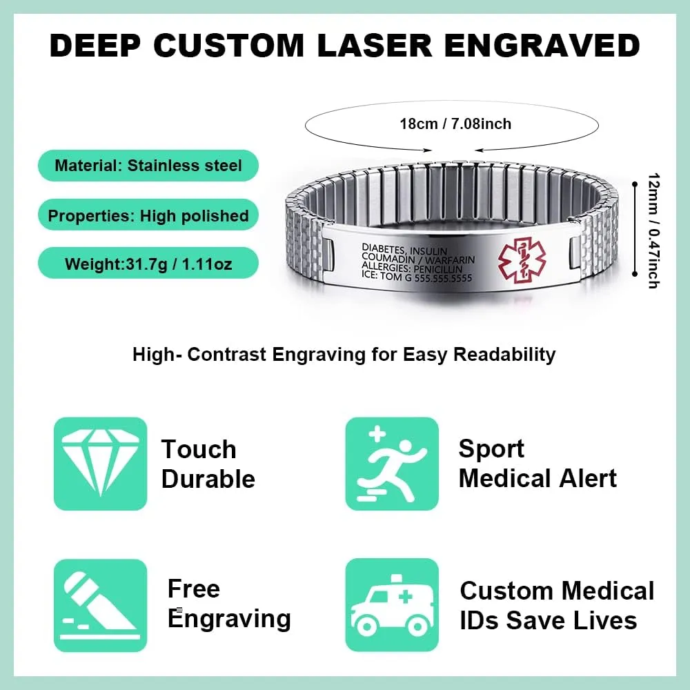 LanM Medical Alert Bracelets for Men & Women - Free Engraving, Stainless Steel, 7.9-8.7 Inch