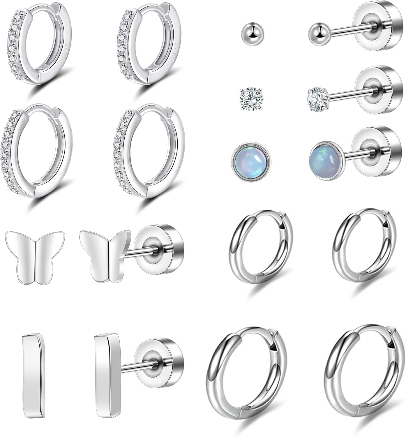 Lantine 20G Flat Back Stud Earrings Hoop Set for Women Surgical Stainless Steel Earrings Small Ball Pearl Cz Opal Cartilage Earrings Hoop Stud for Helix Piercing First Second Third Hole