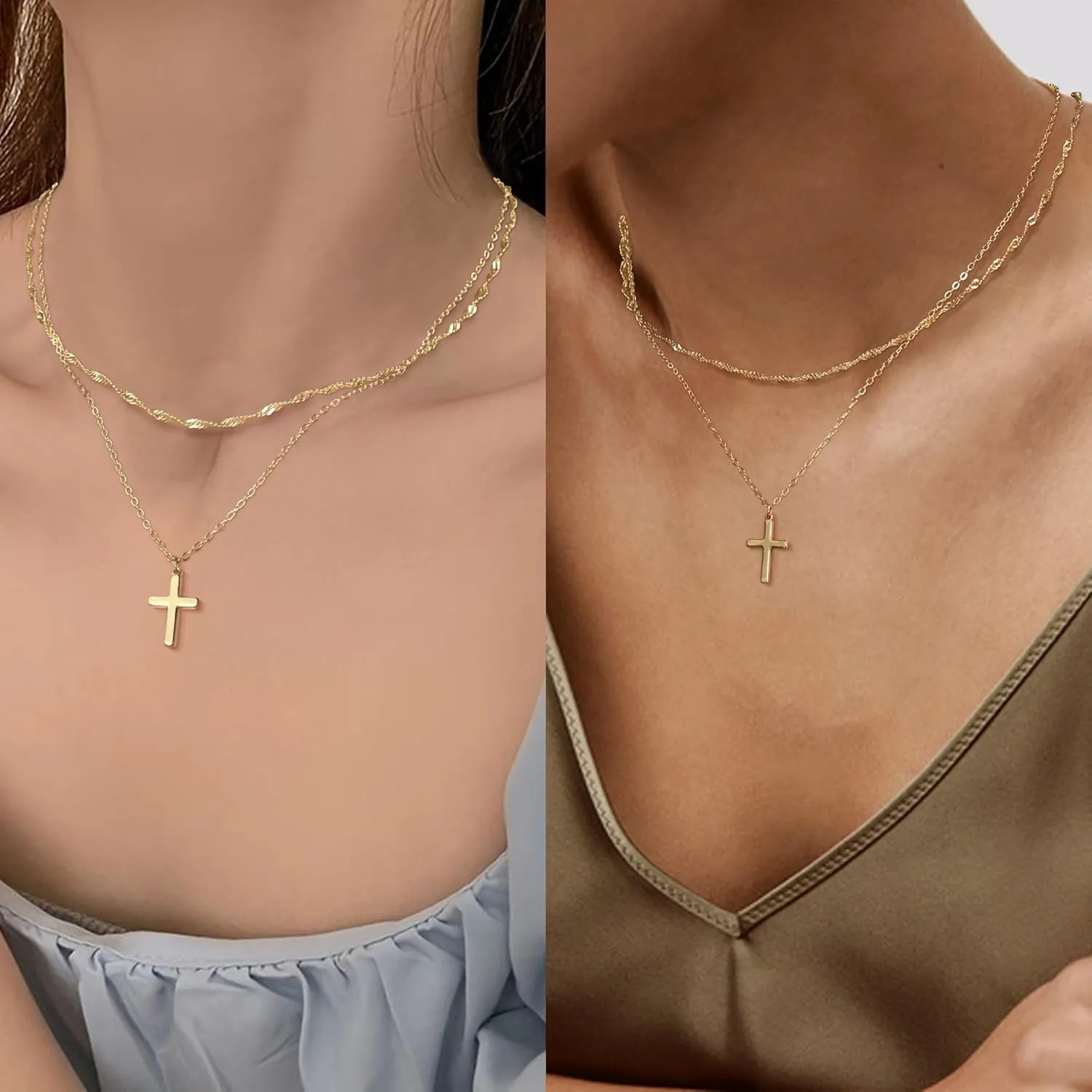Layered Cross Necklace for Women,14K Gold Plated/Sterling Silver Plated Choker Necklaces for Women Stack Simple Cross Pendant Necklaces Jewelry for Women Trendy