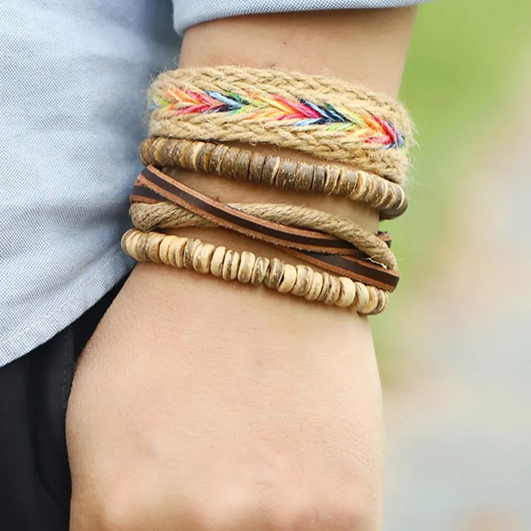 Leather Boho Bracelets Braided Beaded Bracelet Hemp Rope Stackable Bracelets for Men Women and Teenage