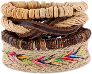 Leather Boho Bracelets Braided Beaded Bracelet Hemp Rope Stackable Bracelets for Men Women and Teenage