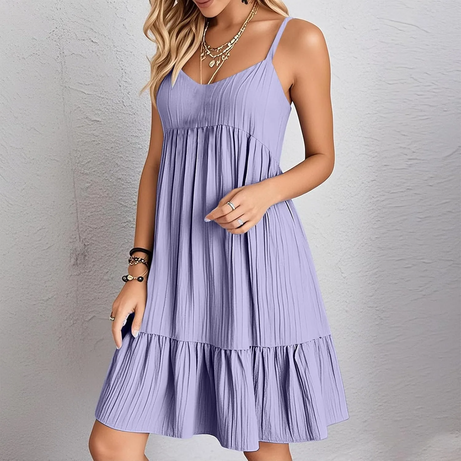 LEMONONSTORE Summer Spaghetti Strap Pleated Sundress for Women Sexy V Neck Swing A Line Dresses Loose Casual Beach Mini Dress