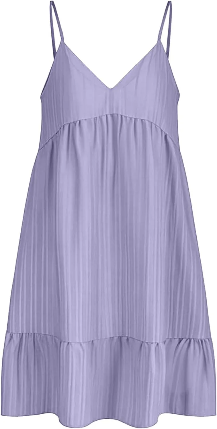 LEMONONSTORE Summer Spaghetti Strap Pleated Sundress for Women Sexy V Neck Swing A Line Dresses Loose Casual Beach Mini Dress