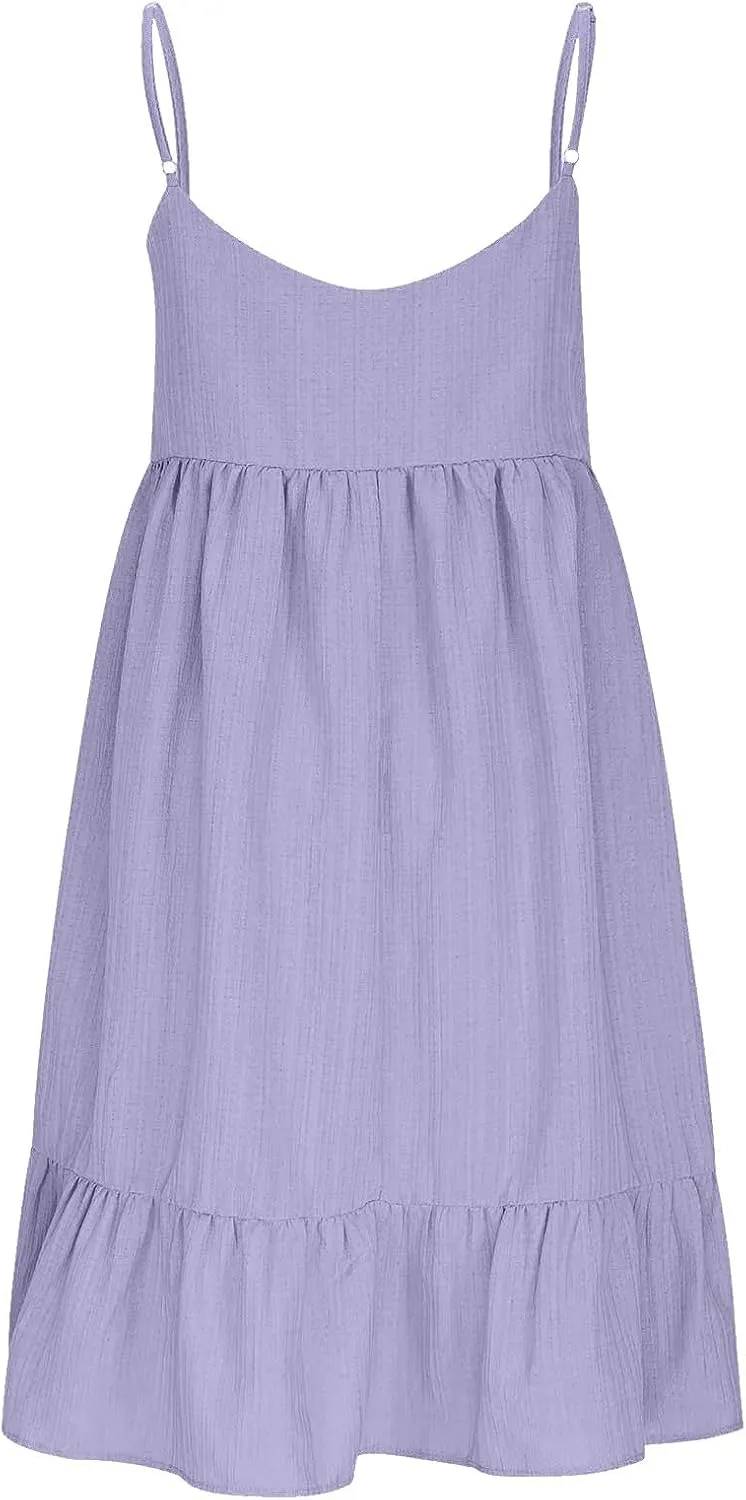 LEMONONSTORE Summer Spaghetti Strap Pleated Sundress for Women Sexy V Neck Swing A Line Dresses Loose Casual Beach Mini Dress